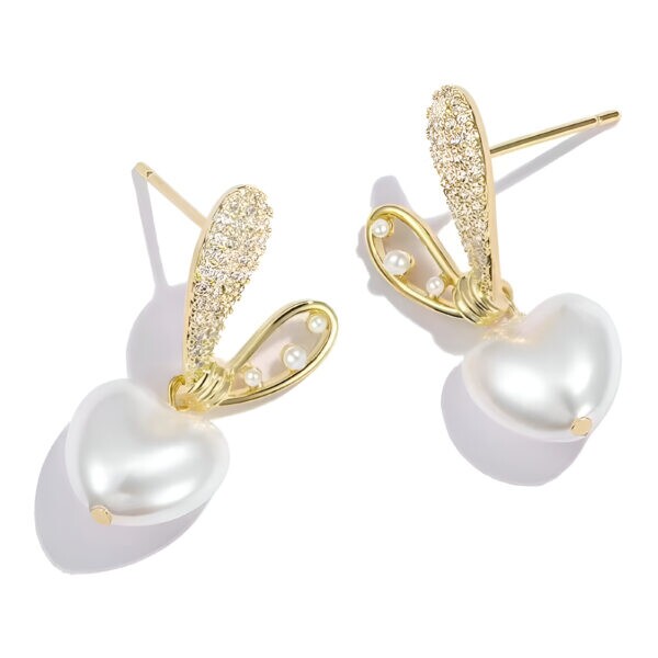 Bling Bunny-Eared Heart Korean Earrings Cute Sparkling Earrings for Women and Girls