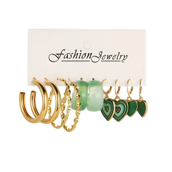 Jewelaa 5 Pairs Combo Trendy Green and Gold Korean Earrings Set with Vibrant Colors for Women and Girls Festive and Casual Wear