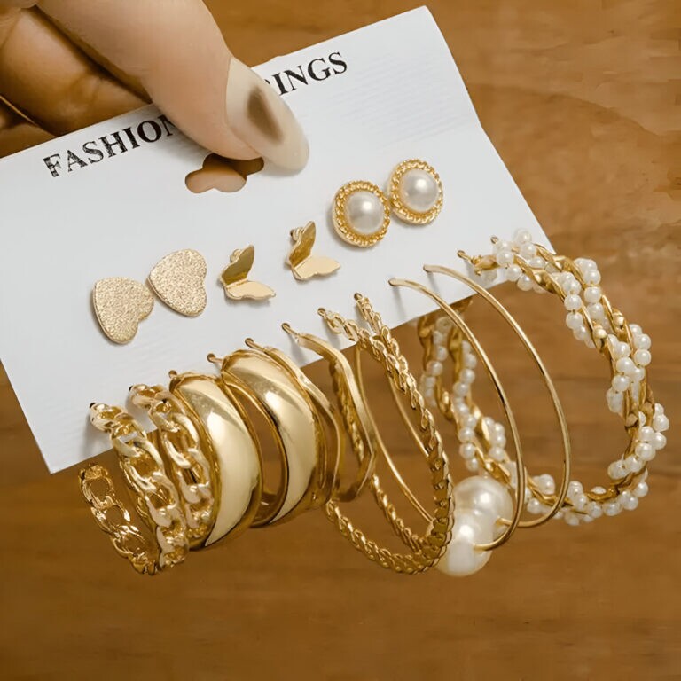 Set of 9 Golden Trending Korean earrings